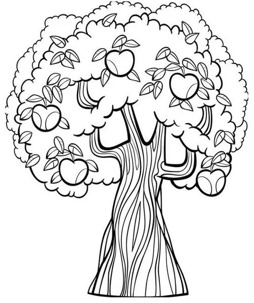 Macieira com maçãs maduras: desenho detalhado para colorir a textura do tronco, copa e folhas, perfeito para atividades artísticas.