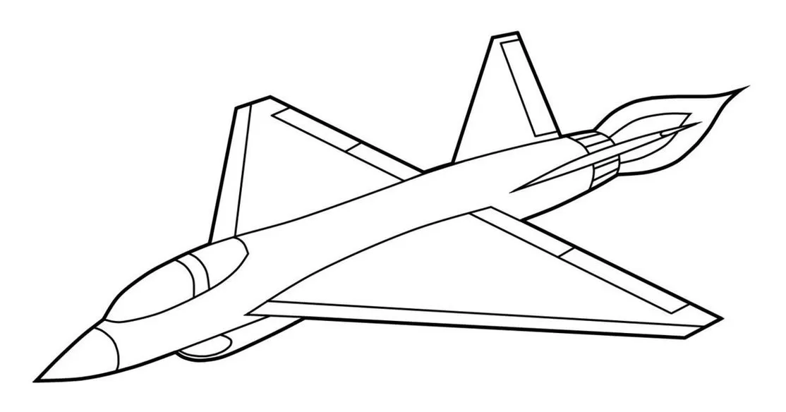 Desenho de avião a jato com design aerodinâmico para colorir. Detalhes incluem asas delta, fuselagem alongada, cockpit e motor com efeito de chama.