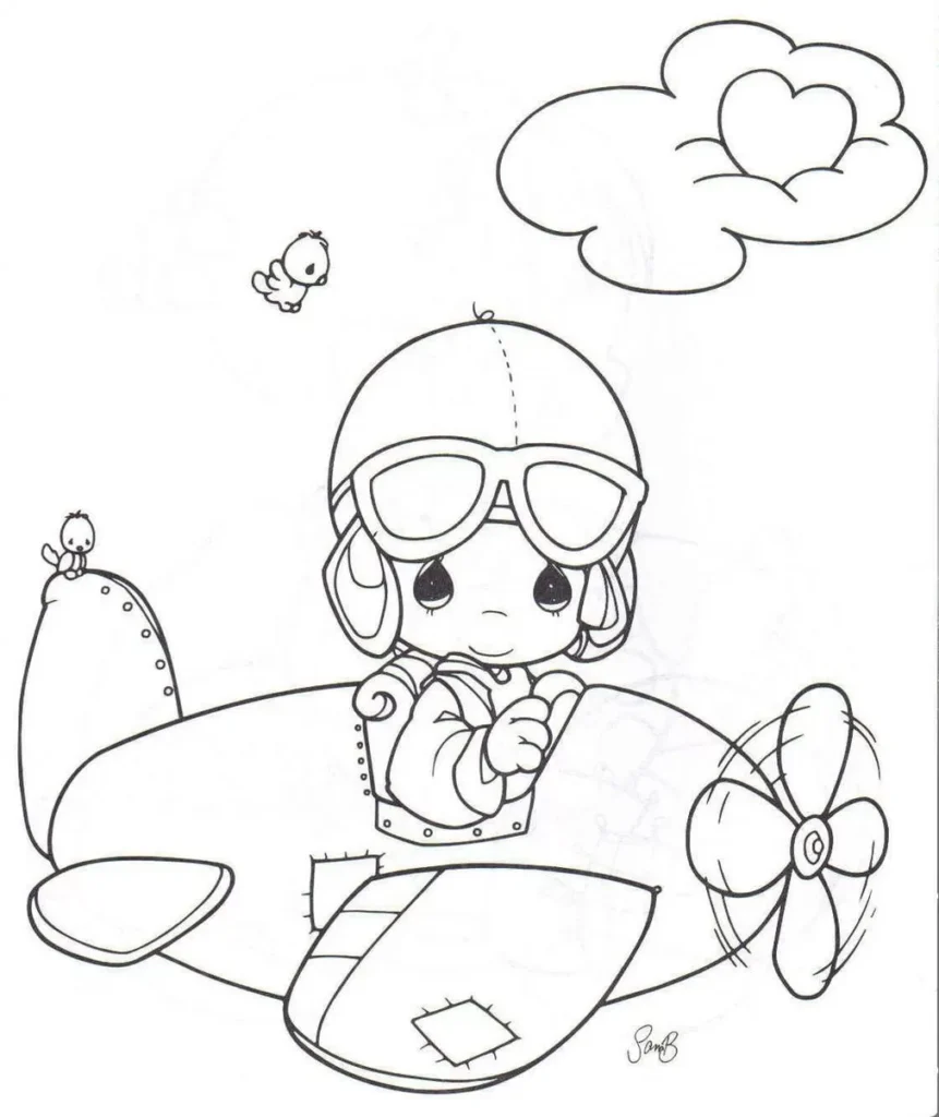 Desenho divertido de avião com hélice e piloto aviador voando ao lado de pássaros e nuvem em forma de coração, pronto para colorir.