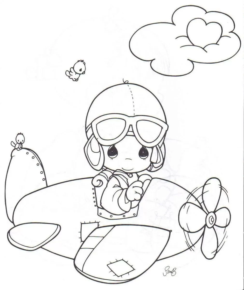 Desenhos de Aviões para colorir Com tripulante Desenho divertido de avião com hélice e piloto aviador voando ao lado de pássaros e nuvem em forma de coração, pronto para colorir.