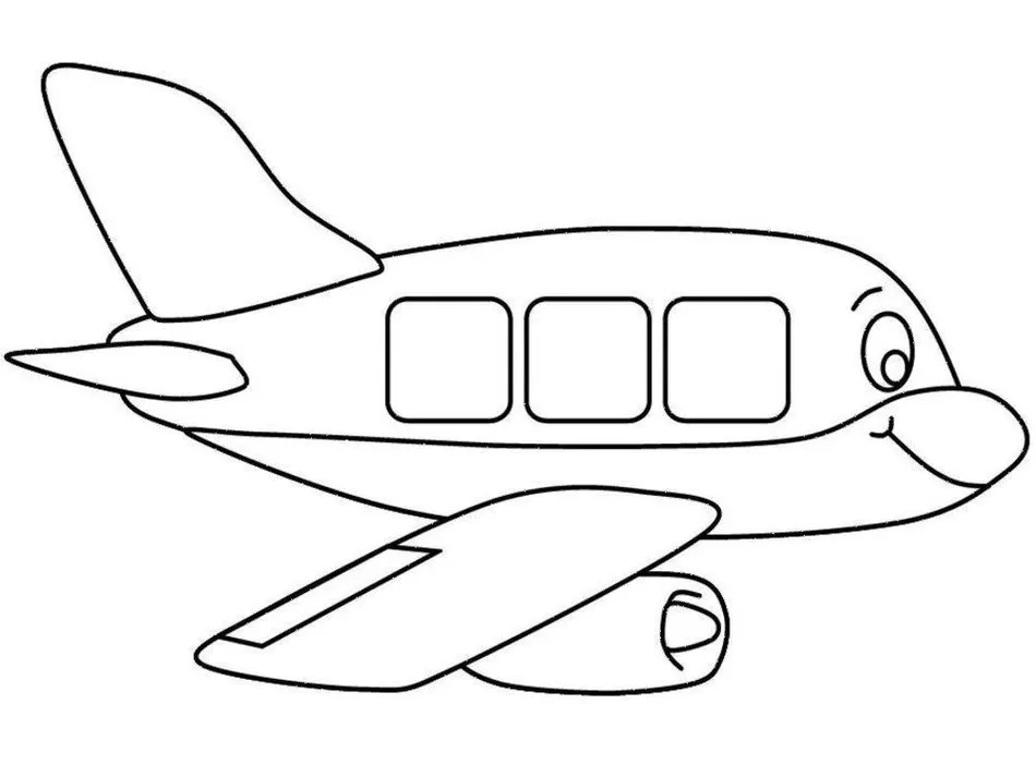 Desenho de avião sorridente para colorir: atividade criativa com janela, asa e hélice.