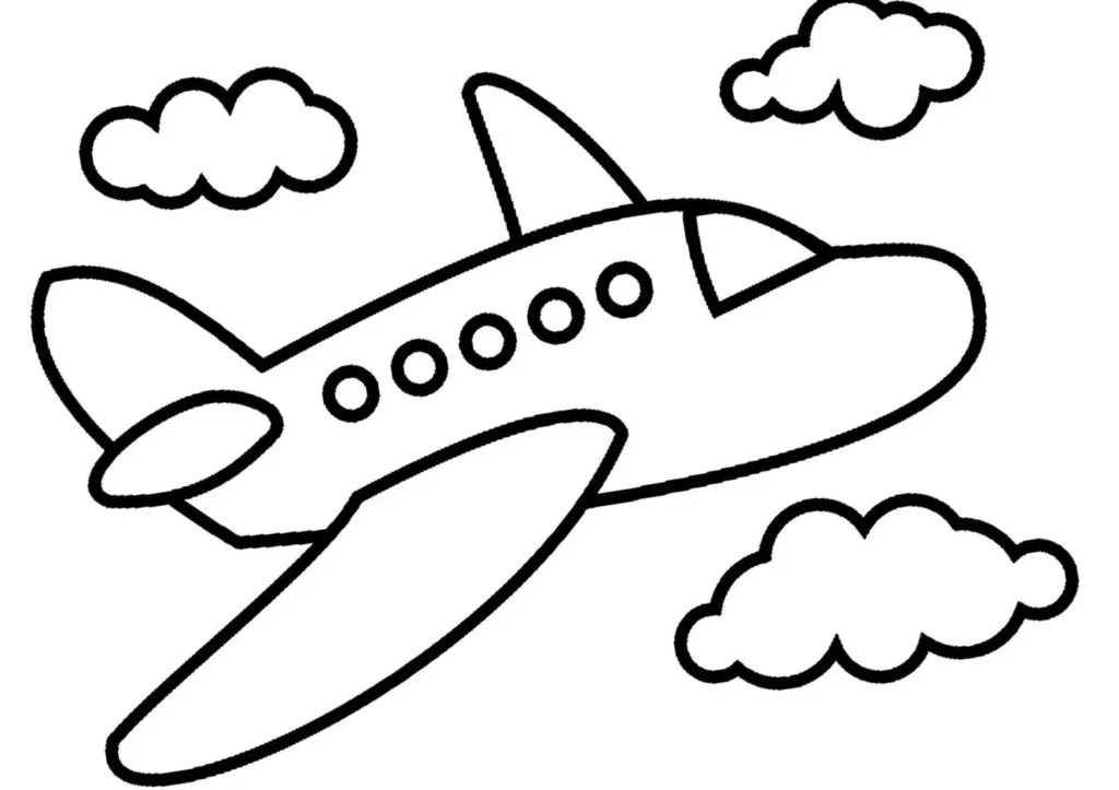 Avião nas nuvens para colorir: atividade criativa com desenhos de aeronaves no céu, incentivando a imaginação.
