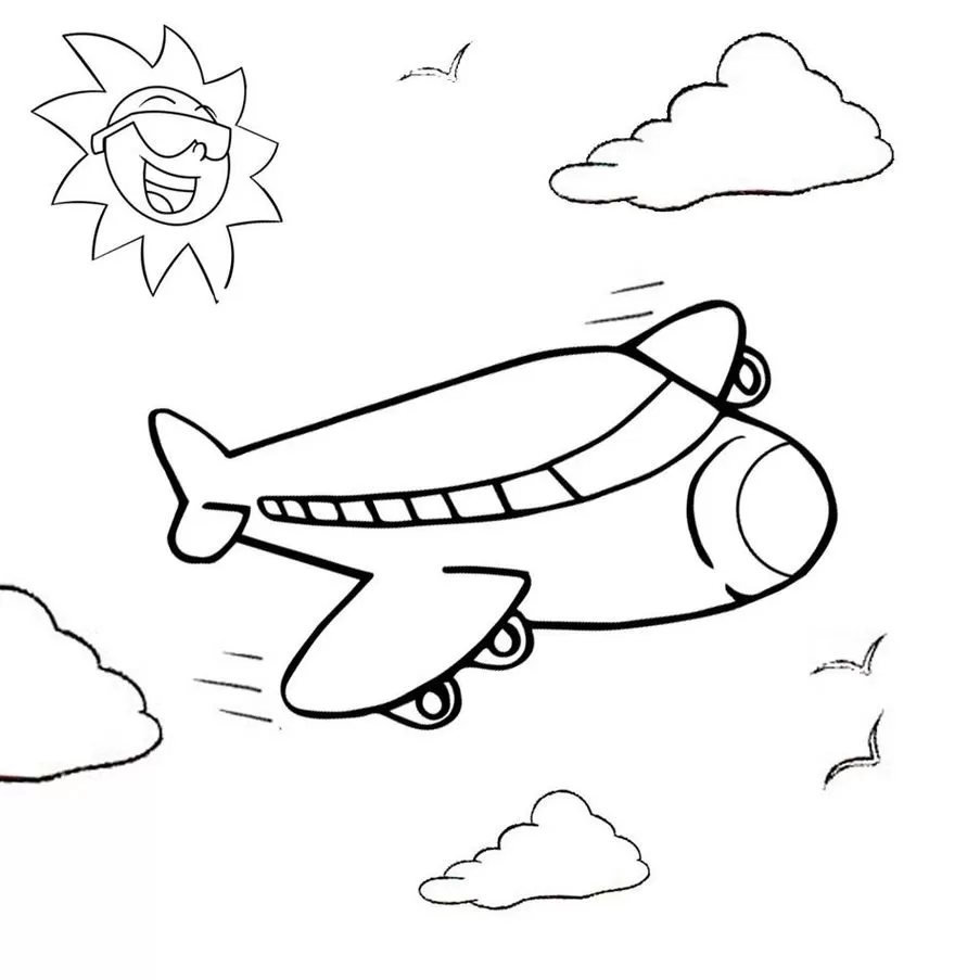 Desenhos de Aviões para colorir em PDF. A imagem contém um avião nas nuvens.