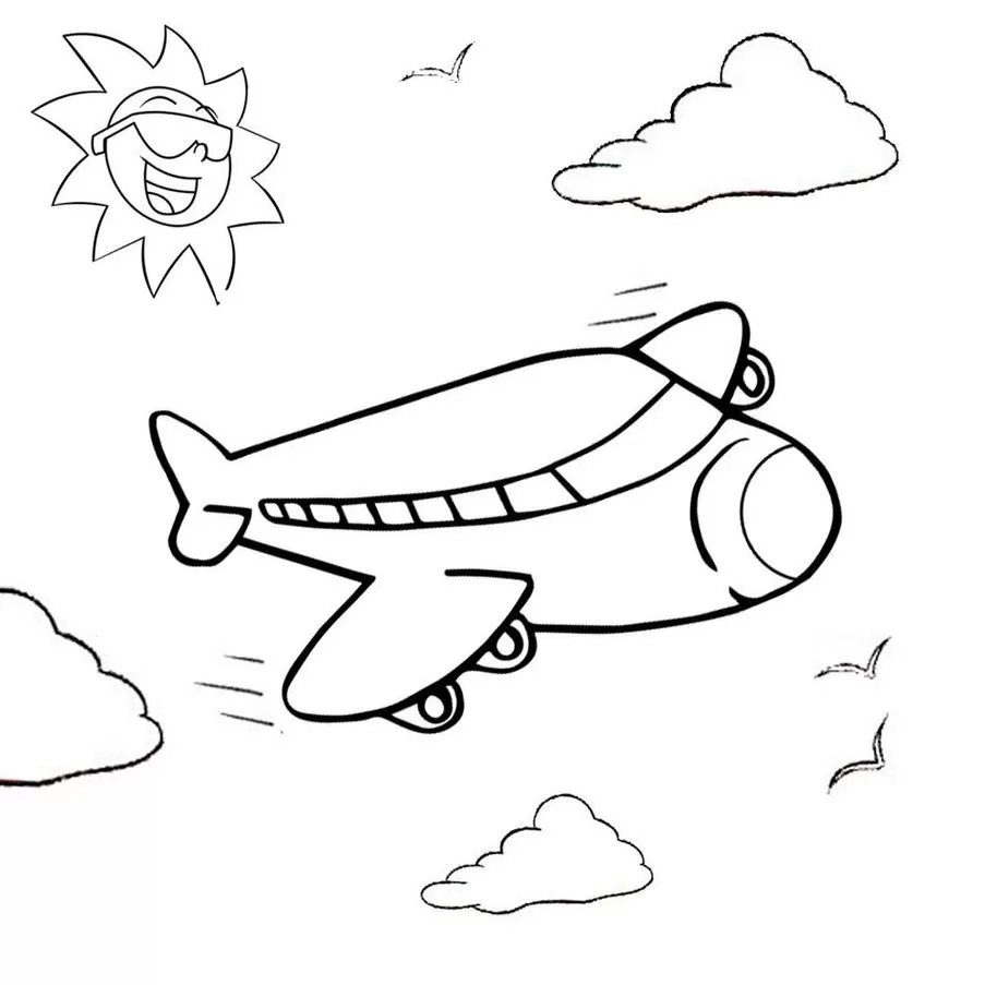 Desenho de avião para colorir no céu azul com sol e nuvens. Pássaros em voo completam a cena aérea relaxante.