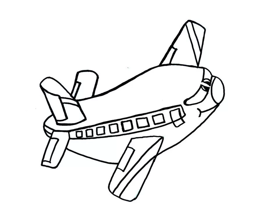 Avião para colorir: desenho simplificado com janelas, asas e cauda. Ideal para atividades criativas.