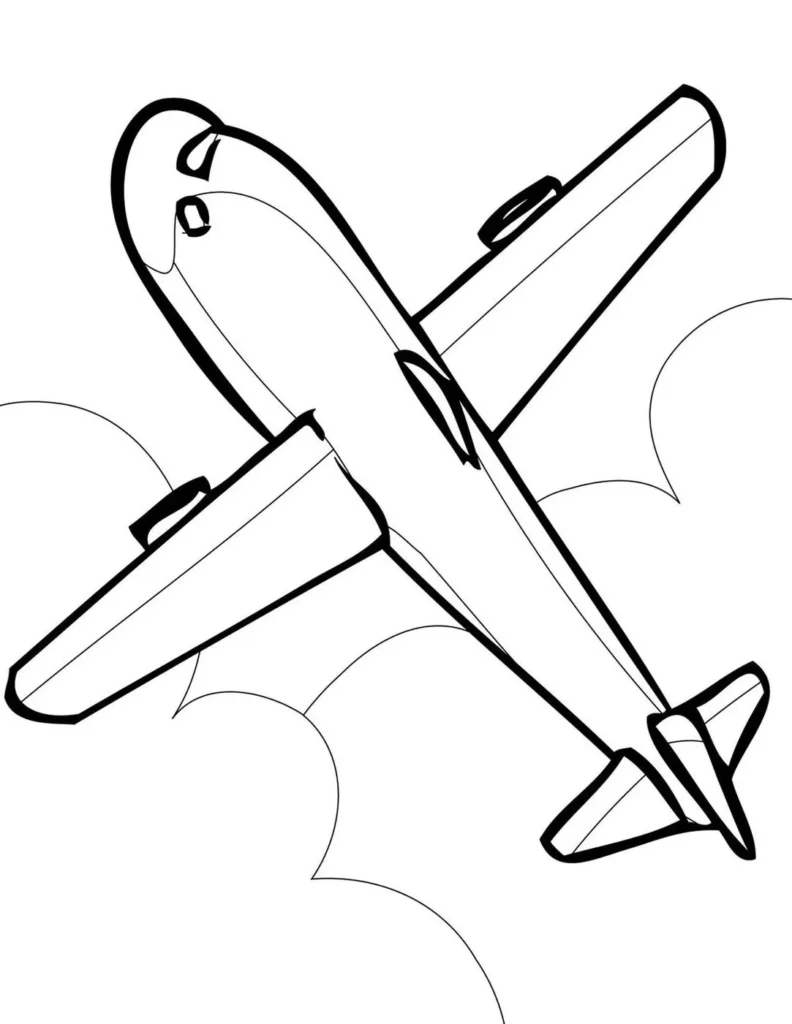 Avião para Colorir: Desenhos detalhados de aeronaves subindo entre as nuvens, ideal para atividades criativas.