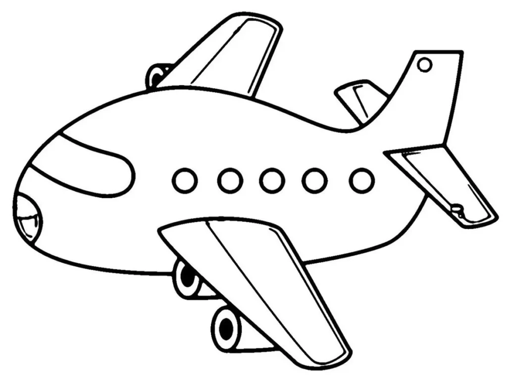Desenho de avião para colorir: estimule a criatividade com esta aeronave voando! Asas, janelas e trem de pouso detalhados para uma experiência divertida.