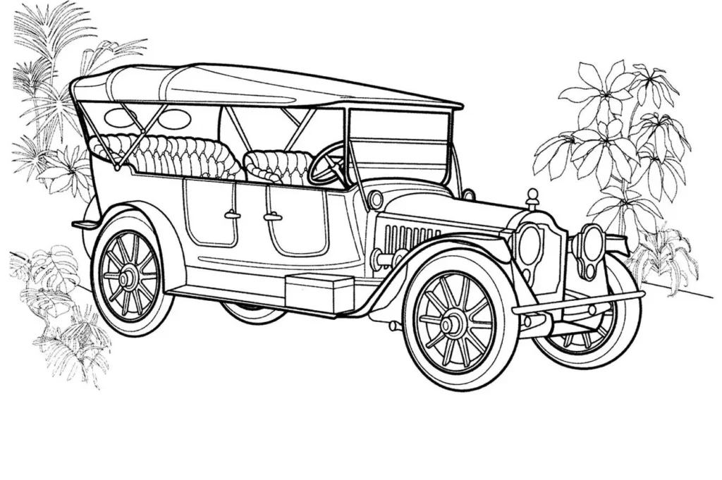 Desenhos de Carros para colorir Antigo Desenho de carro antigo para colorir: detalhes de um clássico modelo de turismo com palmeiras e elementos característicos como volante, faróis e rodas estilosas.