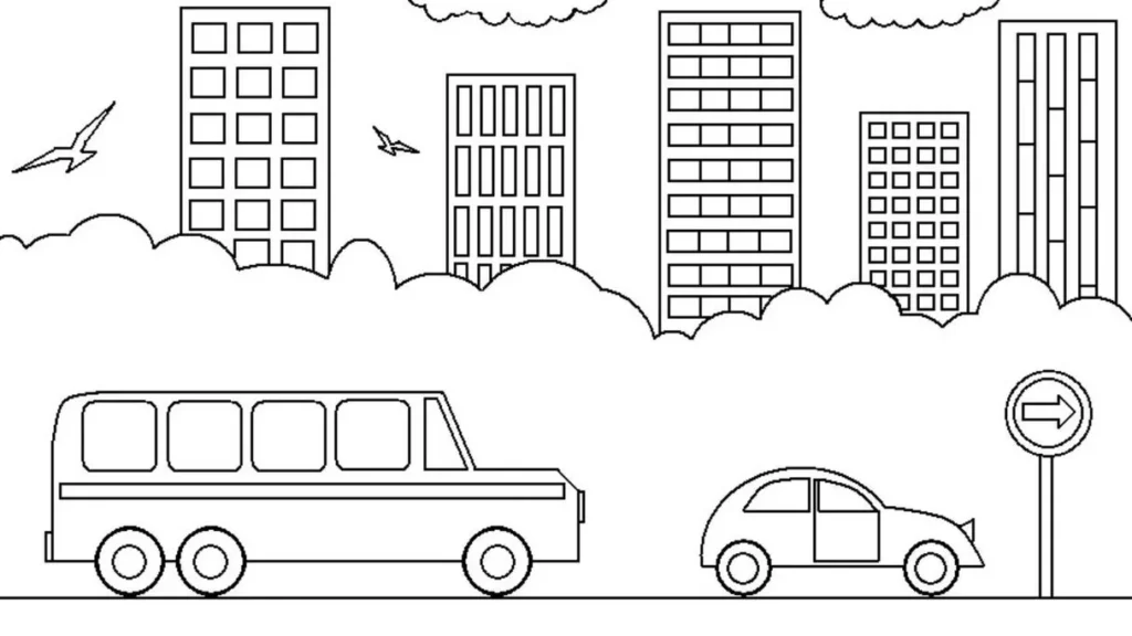 Desenho para colorir: Cena urbana com prédios, ônibus e carros. Solte a imaginação pintando a cidade!