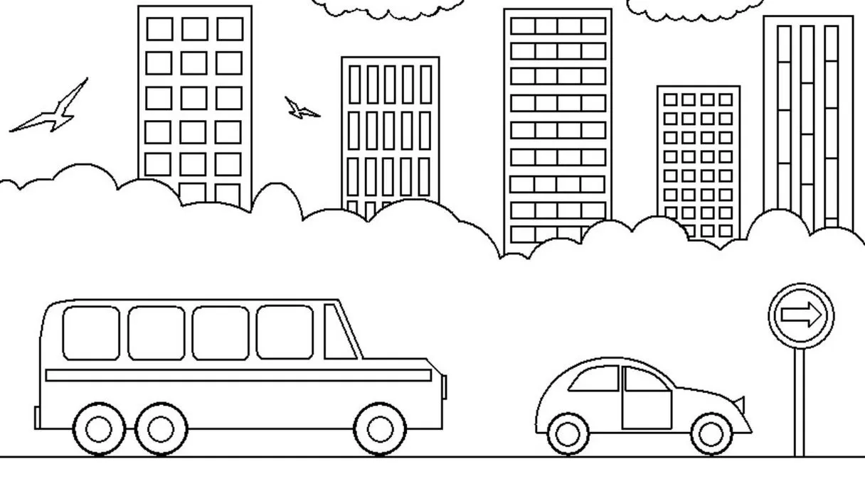 Desenho para colorir: Cena urbana com prédios, ônibus e carros. Solte a imaginação pintando a cidade!