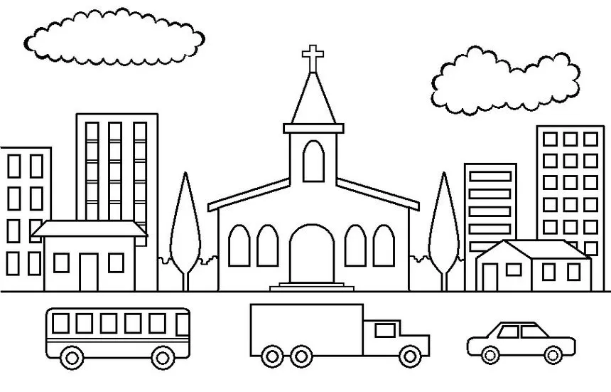Desenho de cidade com igreja para colorir. Edifícios, veículos e árvores em cena urbana para atividade criativa.