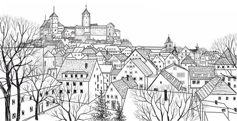Desenho de inverno para colorir: cidade nevada com castelo e casas antigas. Atividade relaxante e criativa para adultos e crianças.