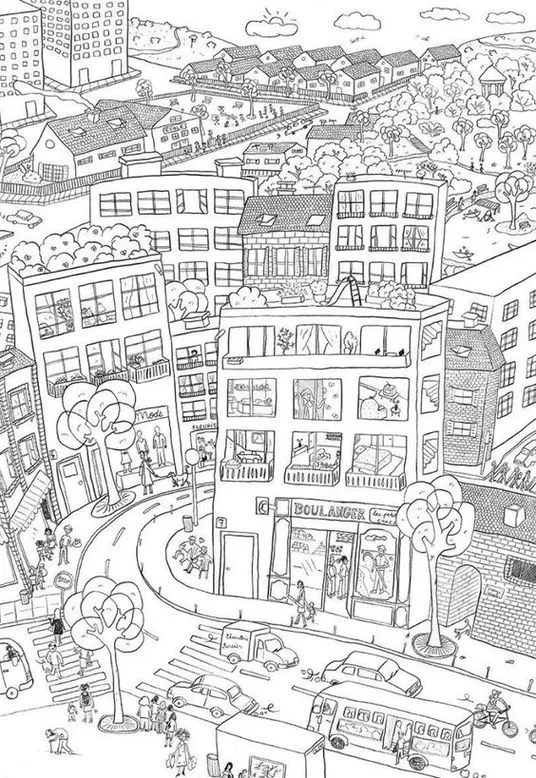 Desenho de cidade movimentada para colorir: prédios, casas, pessoas, carros e padaria sob o sol. Atividade artística urbana detalhada.