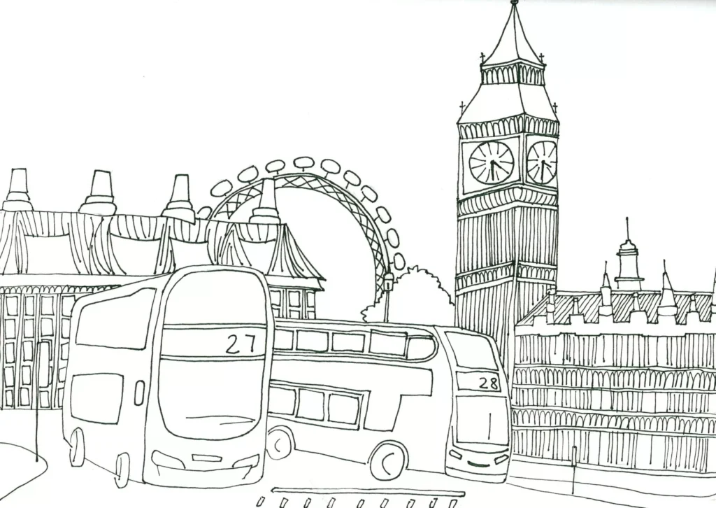 Desenho detalhado de Londres para colorir: ônibus, London Eye e Big Ben.