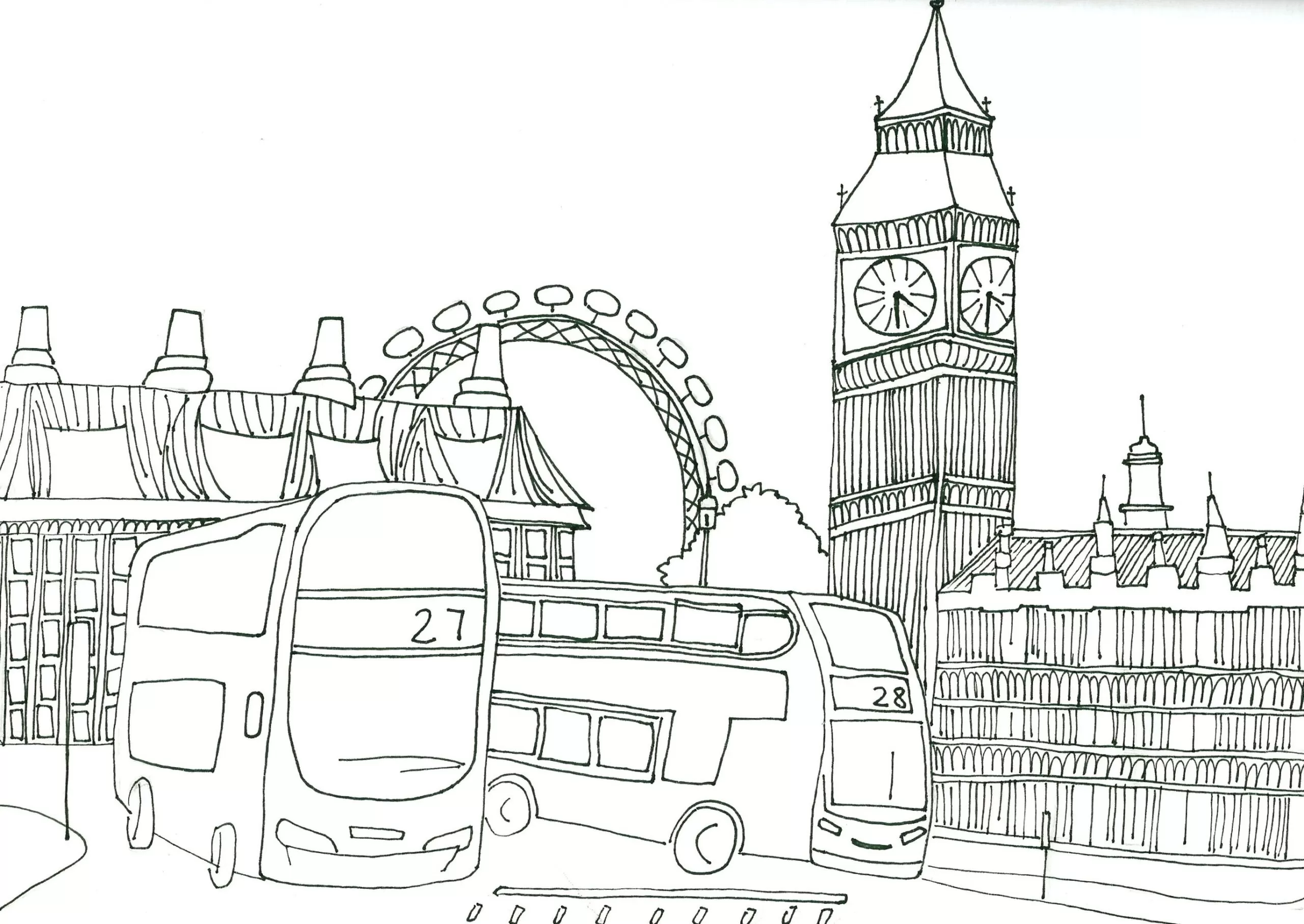 Desenho detalhado de Londres para colorir: ônibus, London Eye e Big Ben.