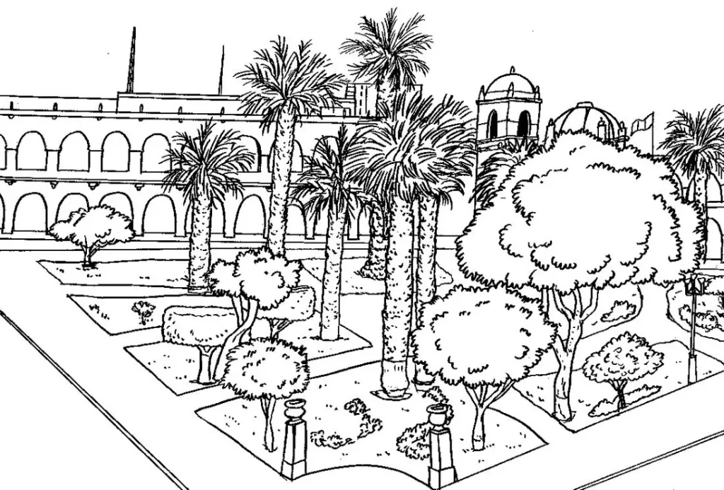 Pracinha urbana com arcos e palmeiras para colorir: atividade criativa em desenho arquitetônico da cidade.