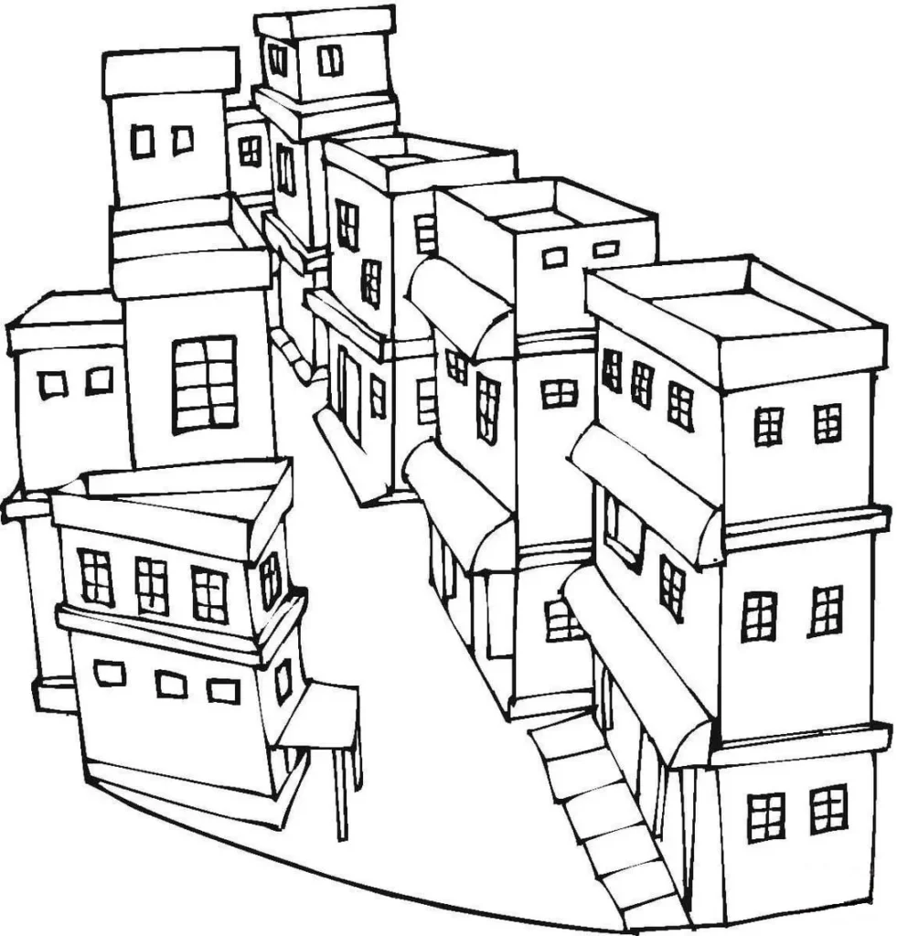Desenho para colorir de arquitetura urbana: explore a cidade e seus prédios com este detalhado diagrama de construções e ruas.