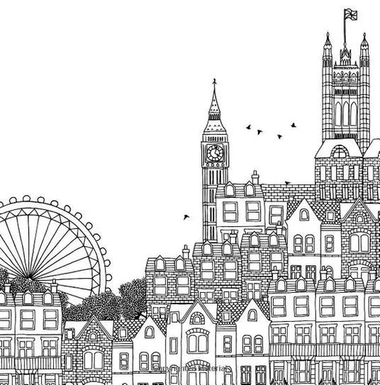 Desenho para colorir: Paisagem urbana vibrante com roda gigante, prédios, casas charmosas, torre do relógio e parlamento.