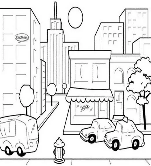 Desenho de rua urbana para colorir: edifícios, carros, ônibus e loja charmosa. Atividade relaxante e cena de cidade.