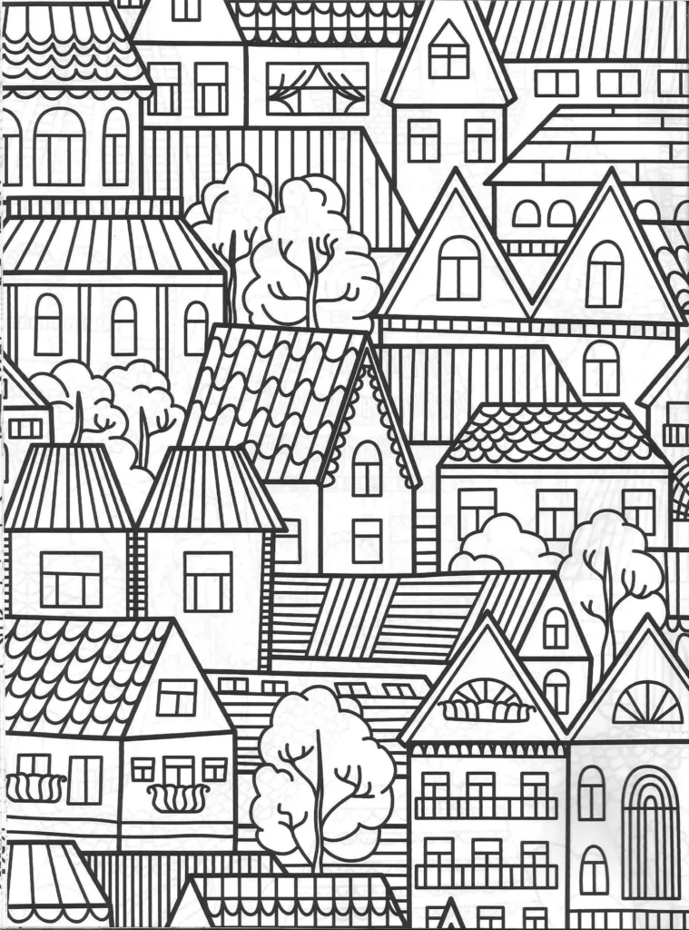 Casas para colorir: Diversidade arquitetônica em desenhos urbanos detalhados. Telhados ondulados, inclinados e janelas únicas.