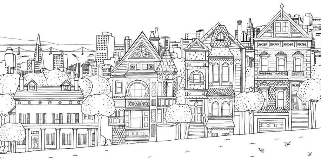 Paisagem urbana para colorir: casas vitorianas detalhadas com arranha-céus e a Ponte Golden Gate ao fundo. Desenho artístico com foco na arquitetura da cidade.