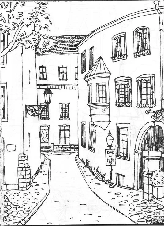 Desenho de vila charmosa para colorir: casas antigas, rua de paralelepípedos e arquitetura tradicional. Ideal para atividades criativas.