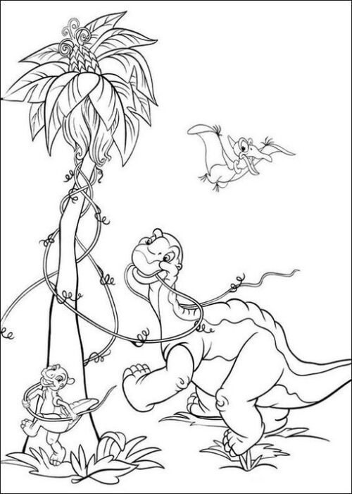 Dinossauro Littlefoot para colorir se divertindo na selva. Desenho com dinossauros e vegetação exuberante, ideal para atividades criativas.