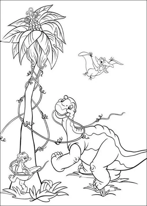 Dinossauro Littlefoot para colorir se divertindo na selva. Desenho com dinossauros e vegetação exuberante, ideal para atividades criativas.