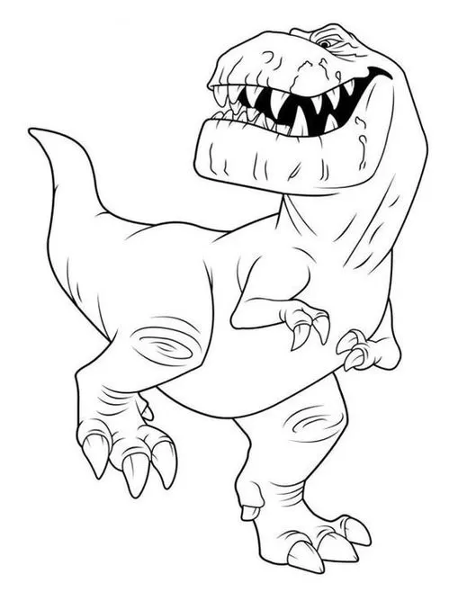 Tiranossauro Rex sorrindo com boca aberta pronto para colorir. Desenho de dinossauro carnívoro.