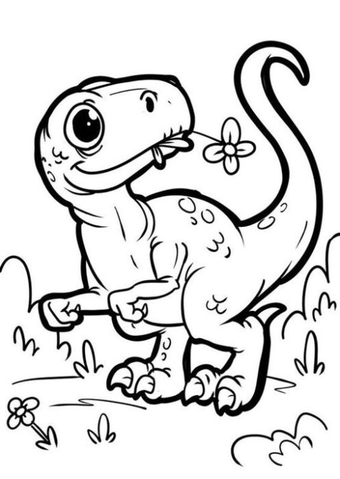 Filhote de dinossauro com flor, desenho para colorir. Adorável dinossauro bebê segurando uma flor delicada em um campo florido.