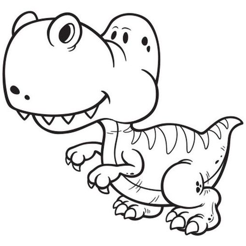 Desenho de dinossauro bebê para colorir. Tiranossauro Rex cartoon amigável com corpo compacto e listras curvas.