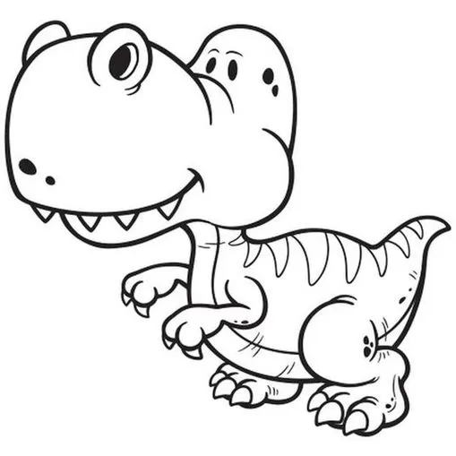 Desenho de dinossauro bebê para colorir. Tiranossauro Rex cartoon amigável com corpo compacto e listras curvas.