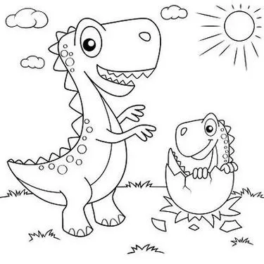 Tiranossauro Rex sorrindo para filhote saindo do ovo: desenho para colorir com tema dinossauros.
