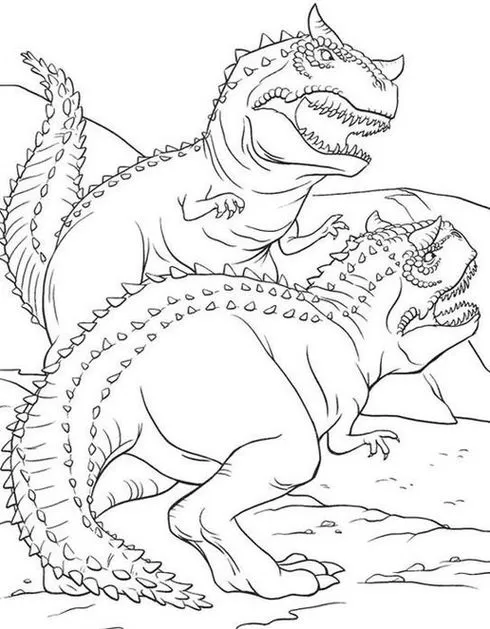 Carnotauros para colorir: Detalhes dos dinossauros com chifres e escamas em cena dinâmica. Ideal para atividades criativas.