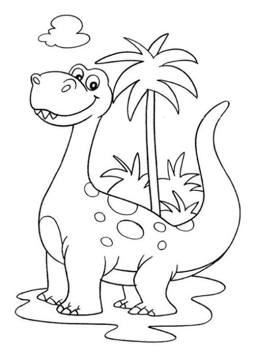 Dinossauro herbívoro de pescoço comprido para colorir sob palmeira ensolarada. Desenho simples de braquiossauro ou diplodoco com manchas, perfeito para atividades criativas.