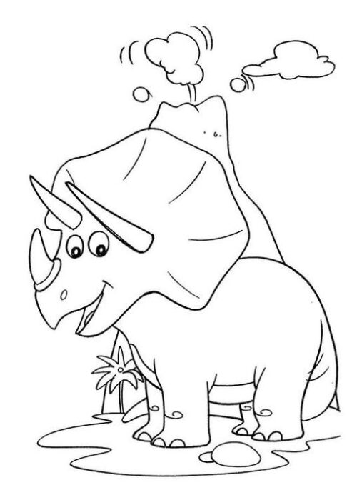 Triceratops sorrindo ao lado de vulcão fumegante em desenho para colorir.