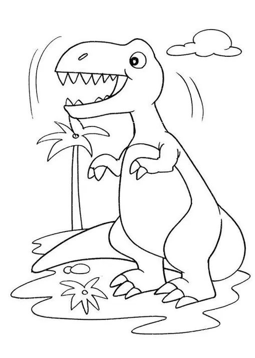 Tiranossauro Rex amigável para colorir em cenário tropical com palmeira. Desenho de dinossauro T-Rex sorrindo.