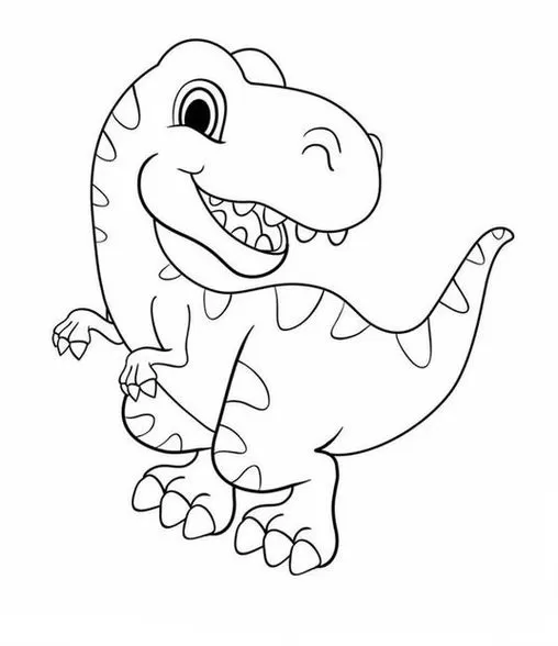 Dinossauro T-Rex sorrindo pronto para colorir. Detalhes como dentes, olhos e marcas no corpo tornam a atividade mais divertida.