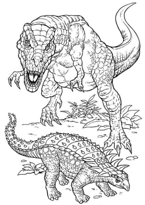 Desenho de dinossauros para colorir: T-Rex e Anquilossauro em ambiente pré-histórico.