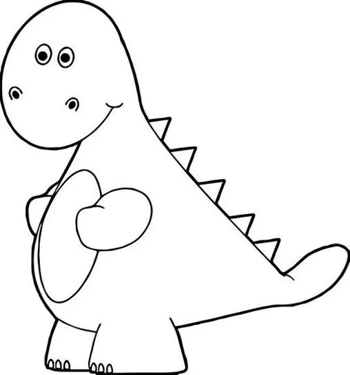 Dinossauro gordinho e sorridente para colorir. Desenho amigável com espinhos triangulares nas costas e braços sobre a barriga.
