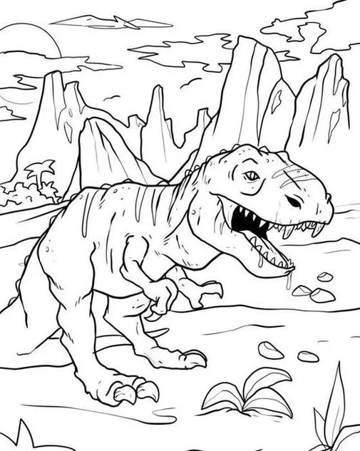 Desenho de Tiranossauro Rex para colorir com montanhas ao fundo. Ideal para atividades criativas e aprendizado sobre dinossauros.