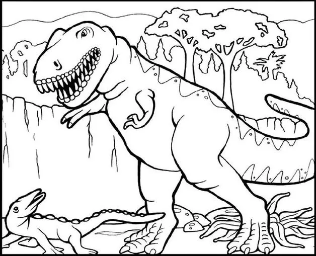 Desenho de Tiranossauro Rex na floresta para colorir. Um T-Rex observa um dinossauro menor em ambiente pré-histórico, perfeito para atividades criativas.