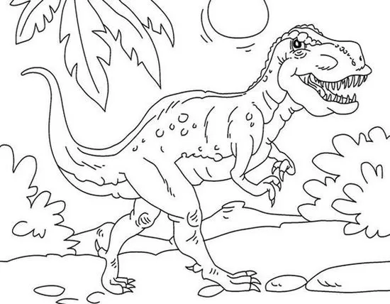 Tiranossauro Rex imponente na selva pré-histórica, com vegetação rica e astro luminoso ao fundo.