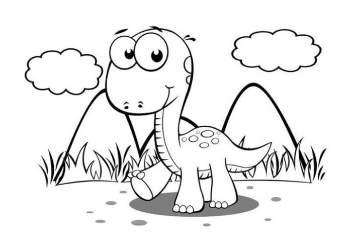 Desenho de dinossauro sorridente para colorir nas montanhas. Arte com dinossauro amigável e cenário campestre.