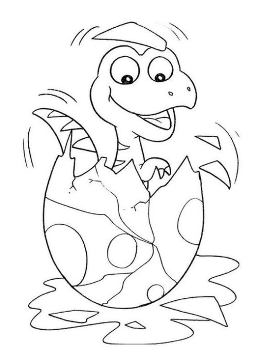 Filhote de dinossauro sorrindo ao nascer, quebrando o ovo e dando os primeiros passos. Desenho para colorir.
