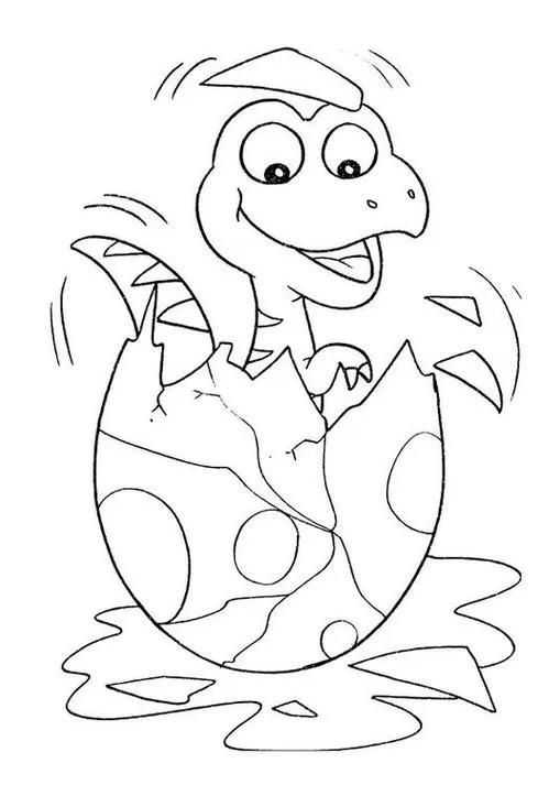 Filhote de dinossauro sorrindo ao nascer, quebrando o ovo e dando os primeiros passos. Desenho para colorir.