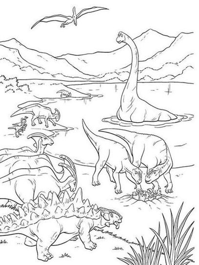 Desenho de dinossauros para colorir: paisagem pré-histórica com diversas espécies, rio e montanhas. Pterossauro voando no céu.