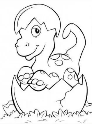 Dinossauro bebê emergindo do ovo para colorir. Desenho divertido com grama ao fundo.