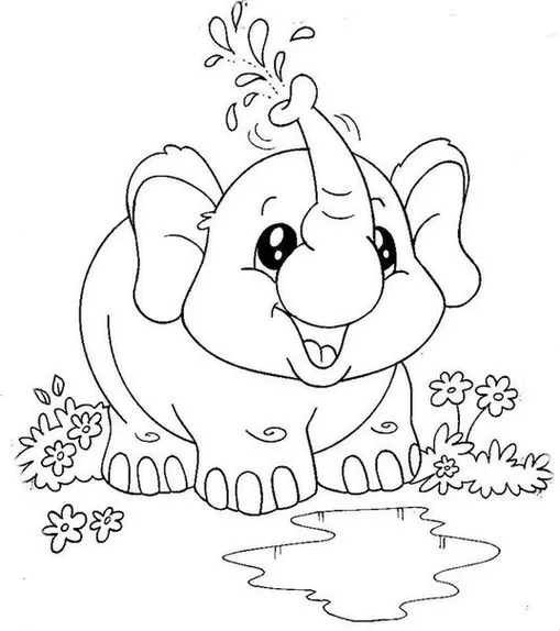 Elefante bebê sorrindo brinca na água com flores. Desenho para colorir com tromba levantada e grandes orelhas.