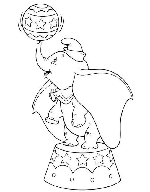 Elefante de circo para colorir: Desenho divertido com chapéu, gola e bola equilibrada em pedestal com estrelas. Atividade criativa!